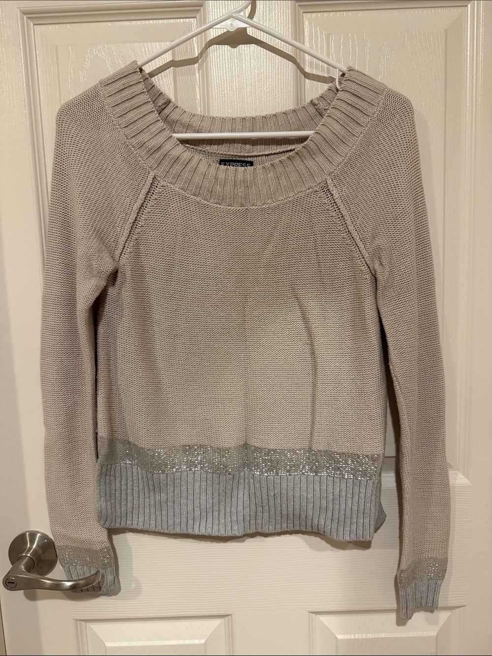 Express Light Beige Crewneck Sweater with Silver Metallic Trim